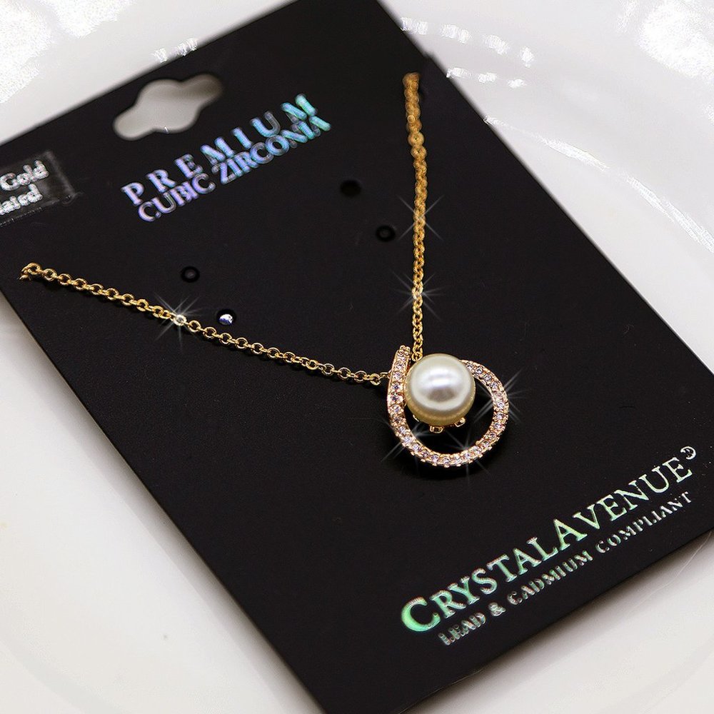 NEW Crystal Avenue Faux Pearl Cubic Rhinestone Swirl Halo Pendant Necklace Gold
